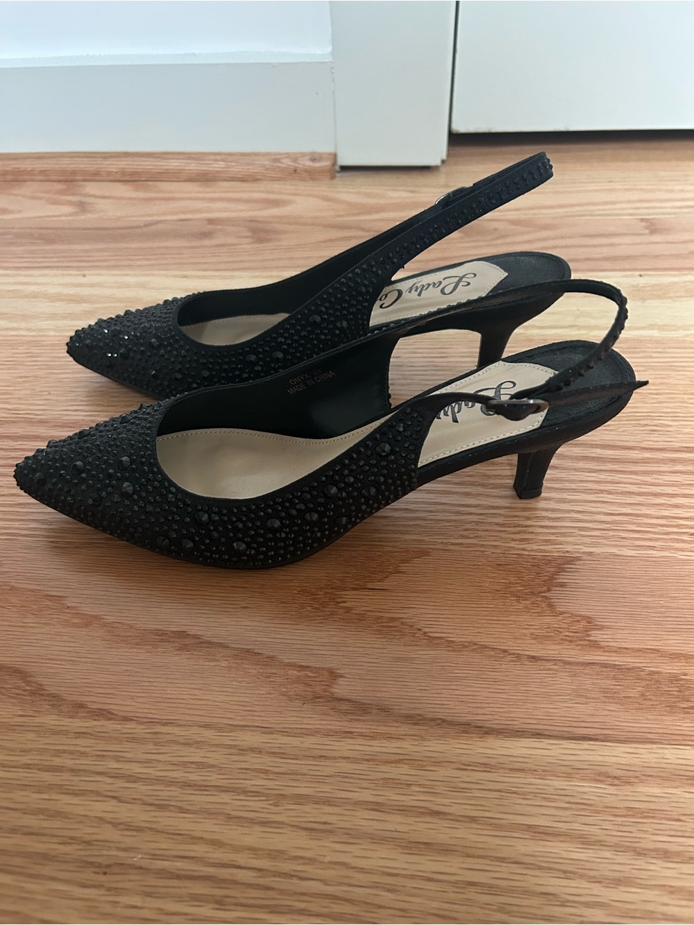Onyx Black Crystal Slingback Kitten Heels